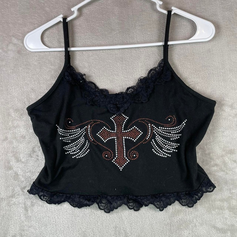 Black Cropped Cami Top Tank Top with lace and sparkly cross and wings details